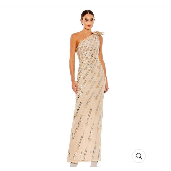 MAC DUGGAL EMBELLISHED FLORAL DETAIL ONE SHOULDER GOWN Nude/Gold size 14 New - Picture 1 of 12